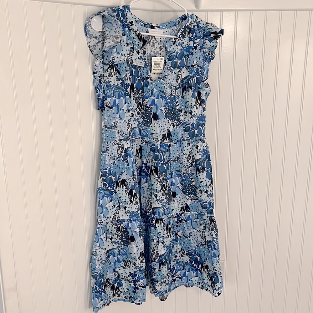 Charter Club Blue Floral V-Neck Ruffle Dress with Pockets and Side Zipper